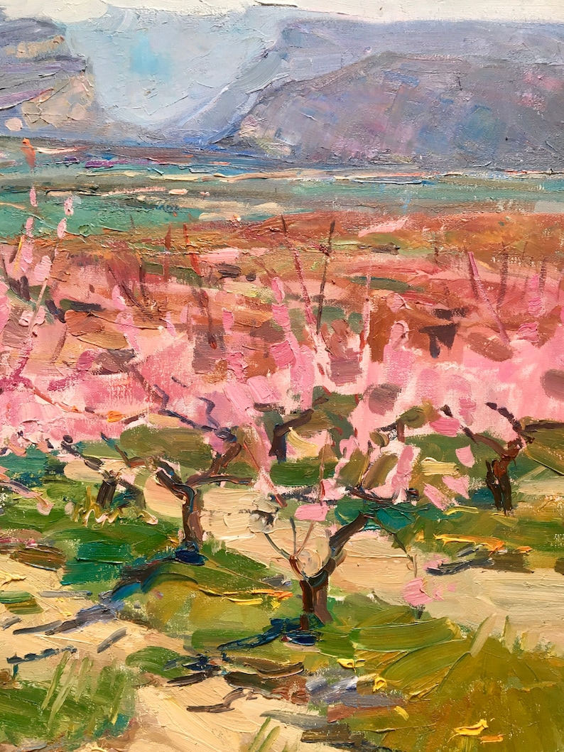 Spring Original oil painting Impressionist art piece Rural Landscape Ukrainian Pink Trees blooming painting Wall kitchen Art Wall oil Art