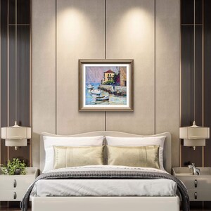 Pintura original, pintura costera, arte impresionista, pintura oceánica, óleo sobre lienzo, barcos, yate, decoración de pared para el hogar, regalo imagen 13