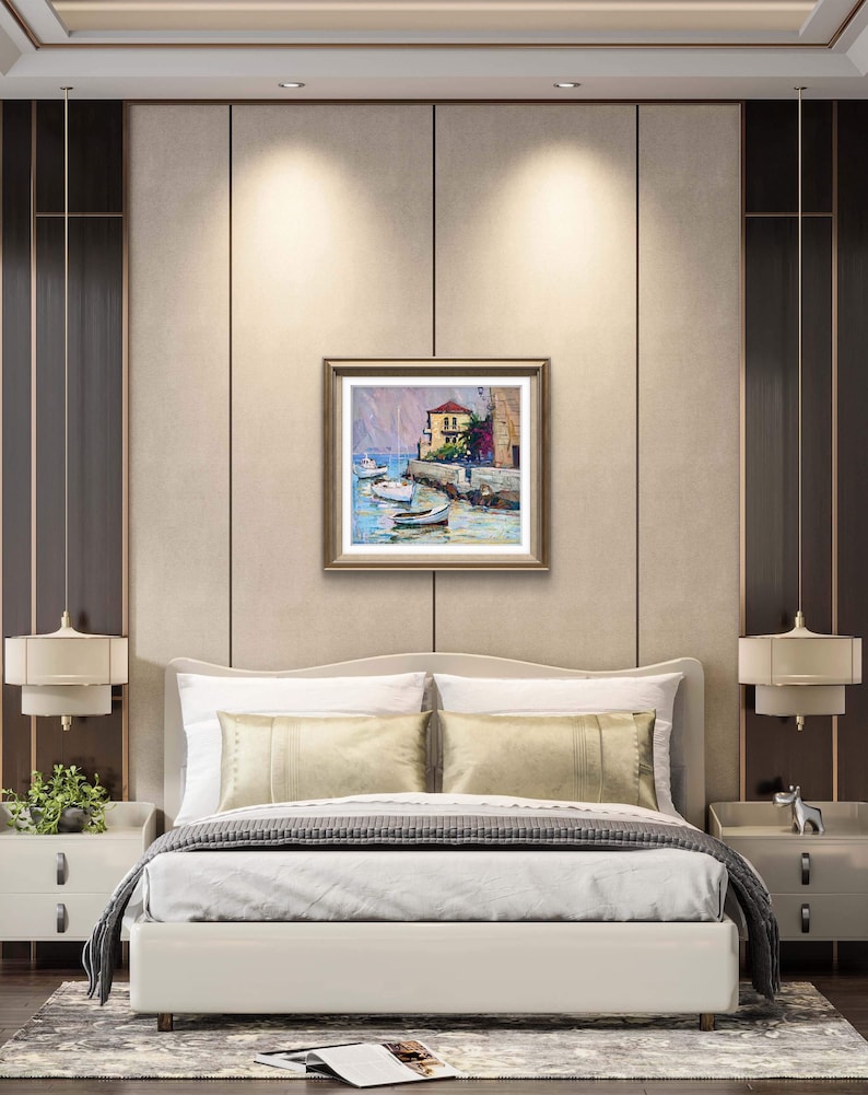 Pintura original, pintura costera, arte impresionista, pintura oceánica, óleo sobre lienzo, barcos, yate, decoración de pared para el hogar, regalo imagen 13
