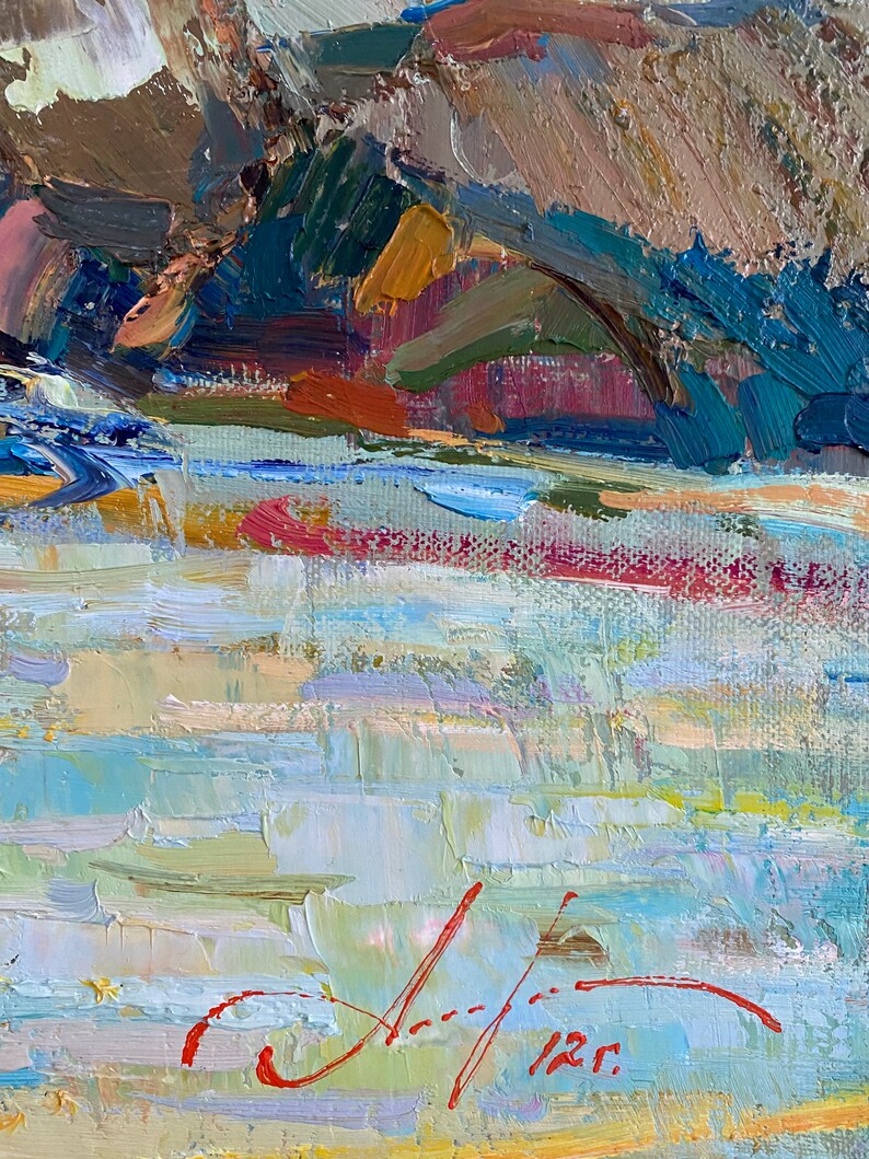 Puede incluir: Pintura abstracta de paisaje con un esquema de color azul, verde y amarillo. La pintura est&aacute; firmada en rojo con las iniciales del artista y el a&ntilde;o "12."