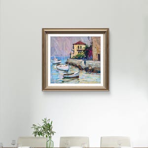 Pintura original, pintura costera, arte impresionista, pintura oceánica, óleo sobre lienzo, barcos, yate, decoración de pared para el hogar, regalo imagen 16