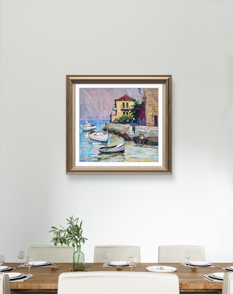 Pintura original, pintura costera, arte impresionista, pintura oceánica, óleo sobre lienzo, barcos, yate, decoración de pared para el hogar, regalo imagen 16