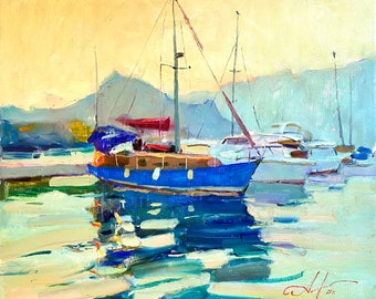 絵画 ヨット停泊 夕焼けの海景ヨットの絵画オリジナル絵画船ボート水アートワーク印象派