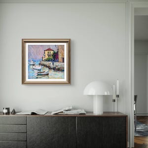 Pintura original, pintura costera, arte impresionista, pintura oceánica, óleo sobre lienzo, barcos, yate, decoración de pared para el hogar, regalo imagen 4