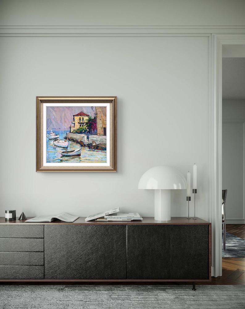 Pintura original, pintura costera, arte impresionista, pintura oceánica, óleo sobre lienzo, barcos, yate, decoración de pared para el hogar, regalo imagen 4