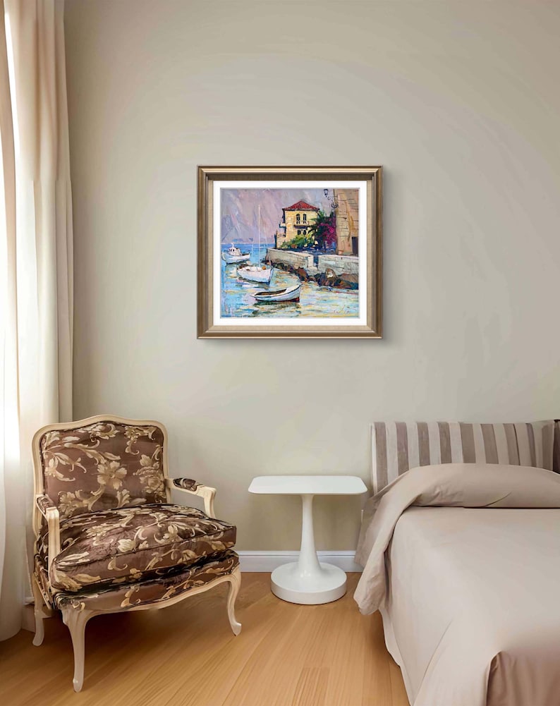 Pintura original, pintura costera, arte impresionista, pintura oceánica, óleo sobre lienzo, barcos, yate, decoración de pared para el hogar, regalo imagen 7