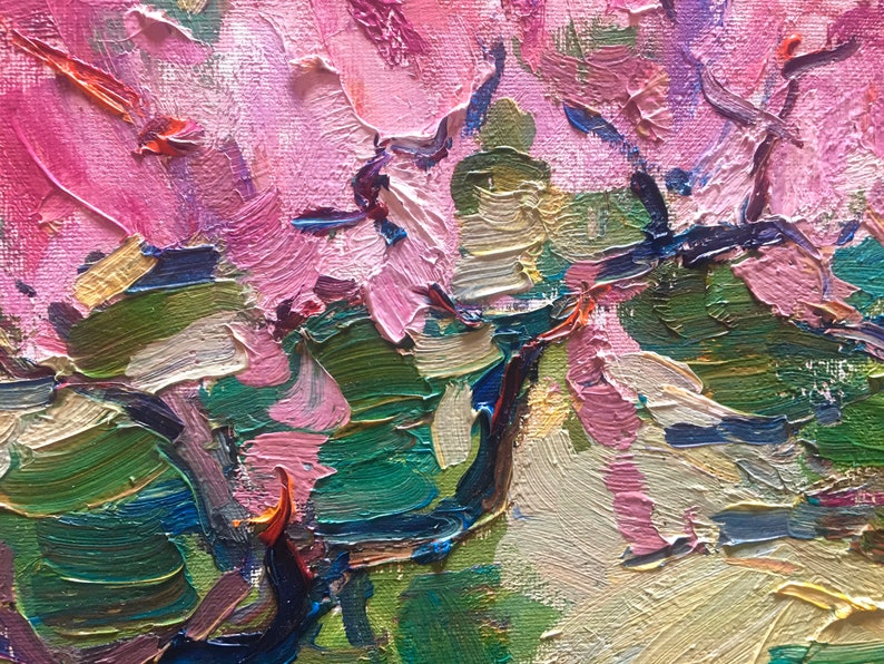 Spring Original oil painting Impressionist art piece Rural Landscape Ukrainian Pink Trees blooming painting Wall kitchen Art Wall oil Art