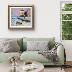 Pintura original, pintura costera, arte impresionista, pintura oceánica, óleo sobre lienzo, barcos, yate, decoración de pared para el hogar, regalo imagen 3