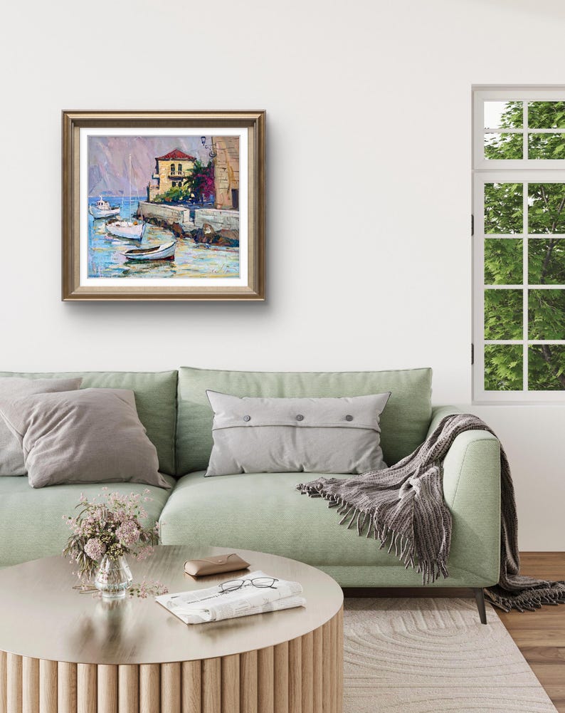 Pintura original, pintura costera, arte impresionista, pintura oceánica, óleo sobre lienzo, barcos, yate, decoración de pared para el hogar, regalo imagen 3