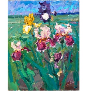 Peinture d'iris, Peinture originale, Peinture ukrainienne, Art impressionniste, Fleurs, Décoration murale, Peinture de jardin, Décoration de ferme