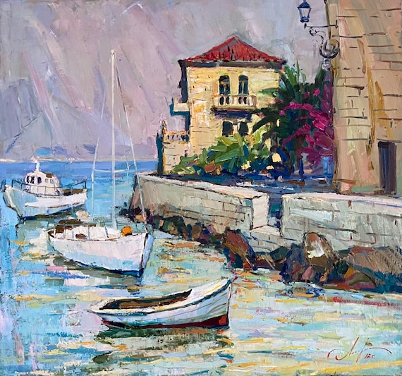 Original Painting, Seaside painting, Impressionist art, Ocean painting, Oil on canvas, Boats, Yacht, Wall home decor, Gift