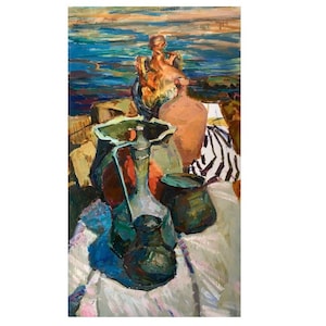 Pintura original Óleo tela Natureza morta do mar Jarras Parede Cozinha obra de arte Grande presente de arte Impressionista peça de arte Belas artes de verão Parede quarto
