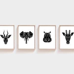 Black Geometric African Animals, Set of 4 Prints, Scandi animal print, Elephant Antelope Hippo Giraffe, Monochrome Print Set, Wild animals