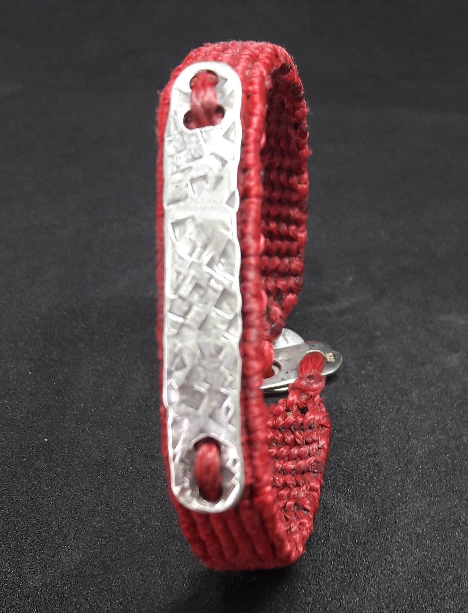 Red good luck bracelet with sterling silver hummered band on Etsy