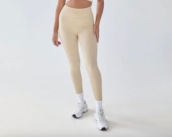 Sand Seamless Contour Rib Leggings, High Waisted Leggings, Contouring Leggings, Yoga Running Gym Leggings, Thick Squat Proof Leggings