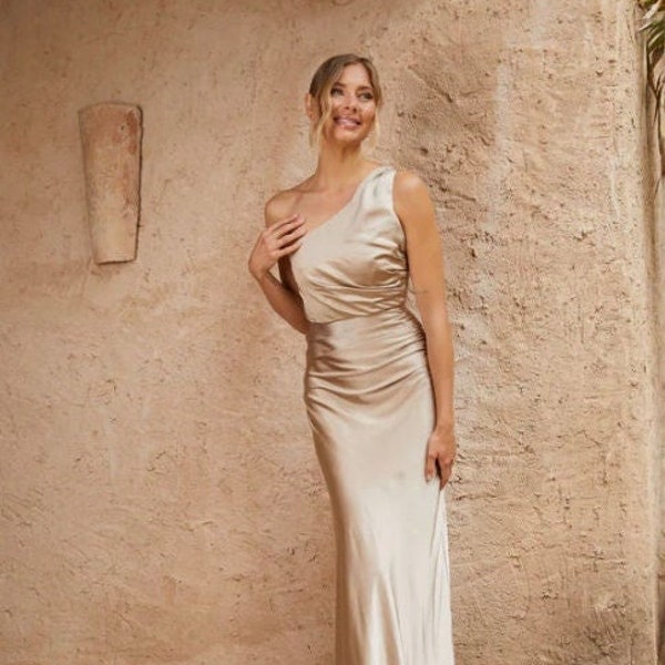 Champagne One Shoulder Satin Bridesmaid Dress, Ruched Floor Length Bridesmaid Dress, Six Stories Maxi Dress for Bridesmaids