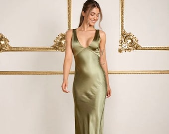 Moss Green Twist Back Bridesmaid Dress, Floor Length Satin Bridesmaid Dress, Six Stories Maxi Dress for Bridesmaids