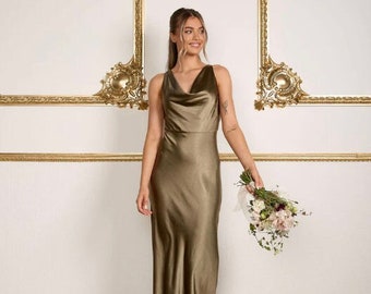 Olive Cowl Front Satin Bridesmaid Dress, Floor Length Bridesmaid Dress, Six Stories Maxi Dress for Bridesmaids
