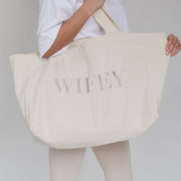 WIFEY Tote Bag Champagne Broderie, WIFEY Sac à bandoulière, Sac just marié, Wifey Beach Bag, Cadeau de mariage, Cadeau lune de miel