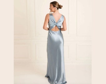 Dusty Blue Twist Back Satin Bridesmaid Dress, Floor Length Bridesmaid Dress, Six Stories Maxi Dress for Bridesmaids