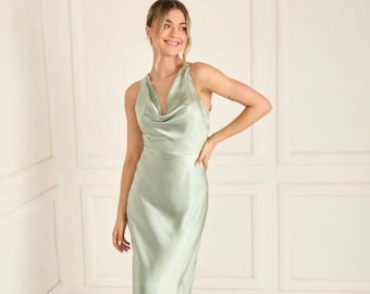 Sage Cowl Neck Satin Bridesmaid Dress, Floor Length Bridesmaid Dress, Six Stories Maxi Dress for Bridesmaids