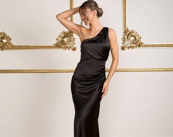 Black One Shoulder Satin Bridesmaid Dress, Ruched Floor Length Bridesmaid Dress, Six Stories Maxi Dress for Bridesmaids