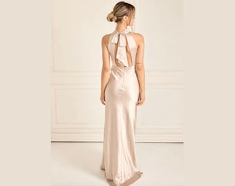 Oyster Halter Neck Bridesmaid Dress, Floor Length Satin Bridesmaid Dress, Six Stories Maxi Dress for Bridesmaids