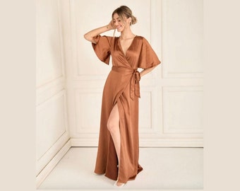 Rust Angel Sleeve Satin Bridesmaid Dress, Floor Length Bridesmaid Dress, Six Stories Maxi Dress for Bridesmaids