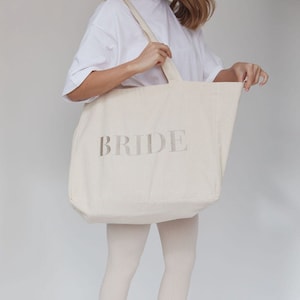 BRIDE Tote Bag Champagne Embroidery, Bride to Be Tote, Hen Party Bag, Tote Bag for Bride, Classy Hen Party, Bride Gift image 1