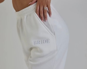 White Bride Embroidered Sweatpants, Bridal Tracksuit Pants, Wedding Joggers, Bride Loungewear, Bride Gift, Wedding Morning Honeymoon Outfit