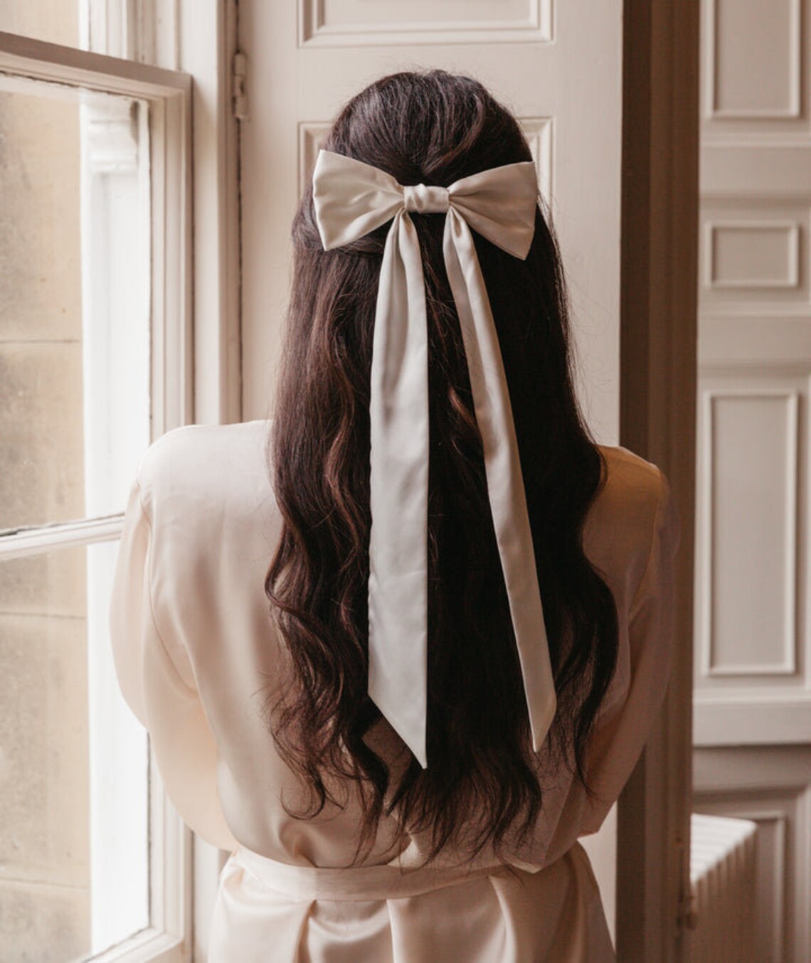 Satin Bridal Hair Bow Ivory Bow Veil Alternative Hair Clip image 9