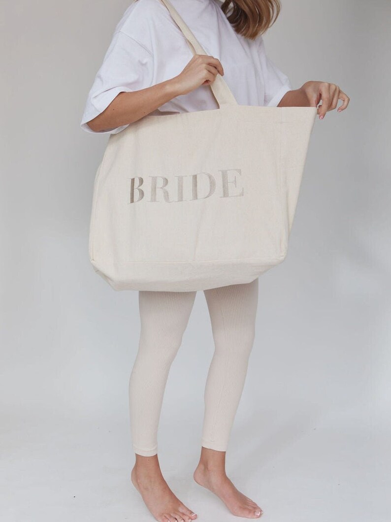 BRIDE Tote Bag Champagne Embroidery, Bride to Be Tote, Hen Party Bag, Tote Bag for Bride, Classy Hen Party, Bride Gift image 1