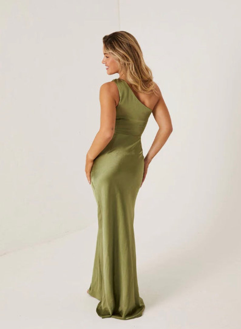 Moss Green One Shoulder Satin Bridesmaid Dress, Ruched Floor Length Bridesmaid Dress, Six Stories Maxi Dress for Bridesmaids image 2