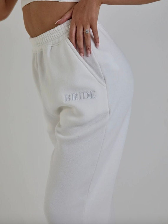 White Bride Embroidered Sweatpants, Bridal Tracksuit Pants, Wedding Joggers, Bride Loungewear, Bride Gift, Wedding Morning Honeymoon Outfit