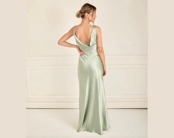 Sage Cowl Back Satin Bridesmaid Dress, Floor Length Bridesmaid Dress, Six Stories Maxi Dress for Bridesmaids