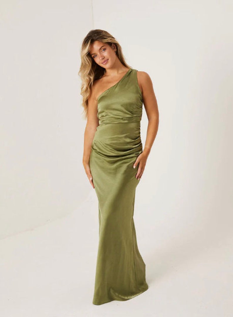Moss Green One Shoulder Satin Bridesmaid Dress, Ruched Floor Length Bridesmaid Dress, Six Stories Maxi Dress for Bridesmaids image 7