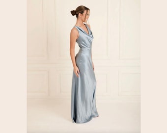 Dusty Blue Cowl Front Satin Bridesmaid Dress, Floor Length Bridesmaid Dress, Six Stories Maxi Dress for Bridesmaids