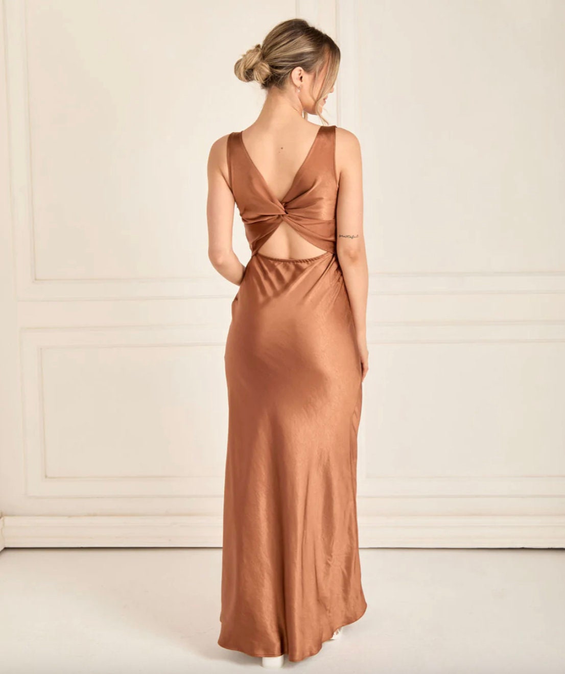 Rust Tie Back Satin Bridesmaid Dress Floor Length Bridesmaid