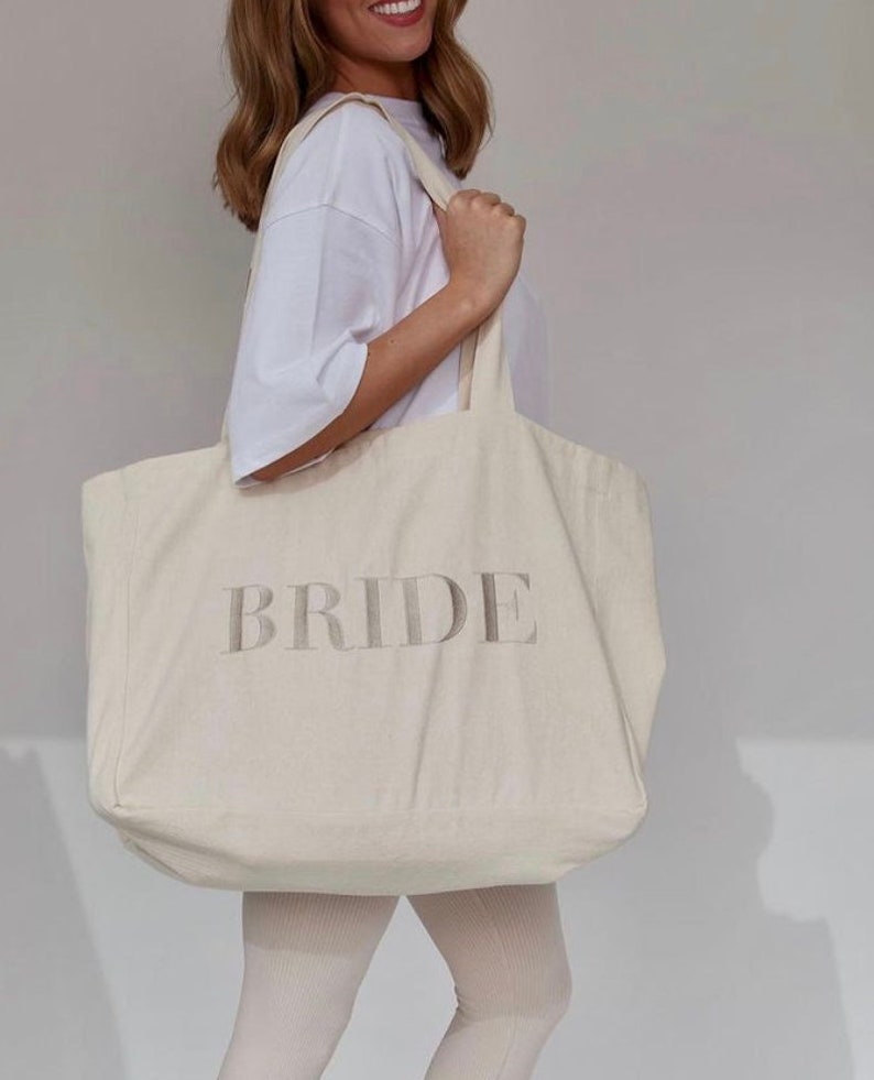 BRIDE Tote Bag Champagne Embroidery, Bride to Be Tote, Hen Party Bag, Tote Bag for Bride, Classy Hen Party, Bride Gift image 2