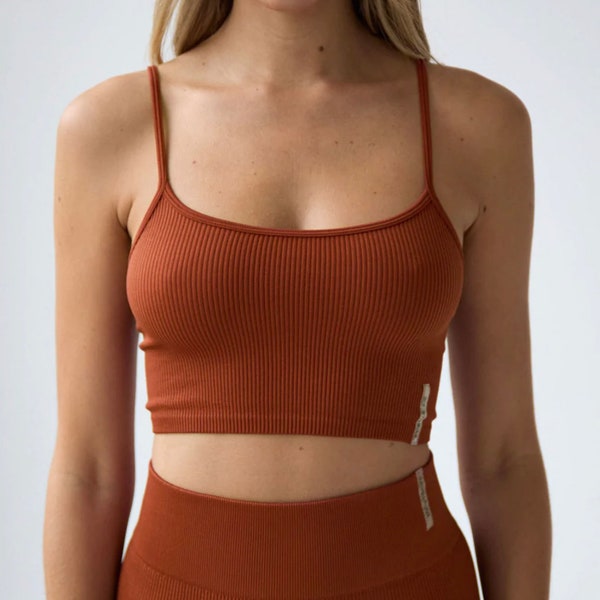 Rust Crop Top, Six Stories Ribbed Cami Top, Seamless Contour Rib Cropped Cami, Gym Top, Yoga Top, White Gym Cami, Sculpting Loungewear