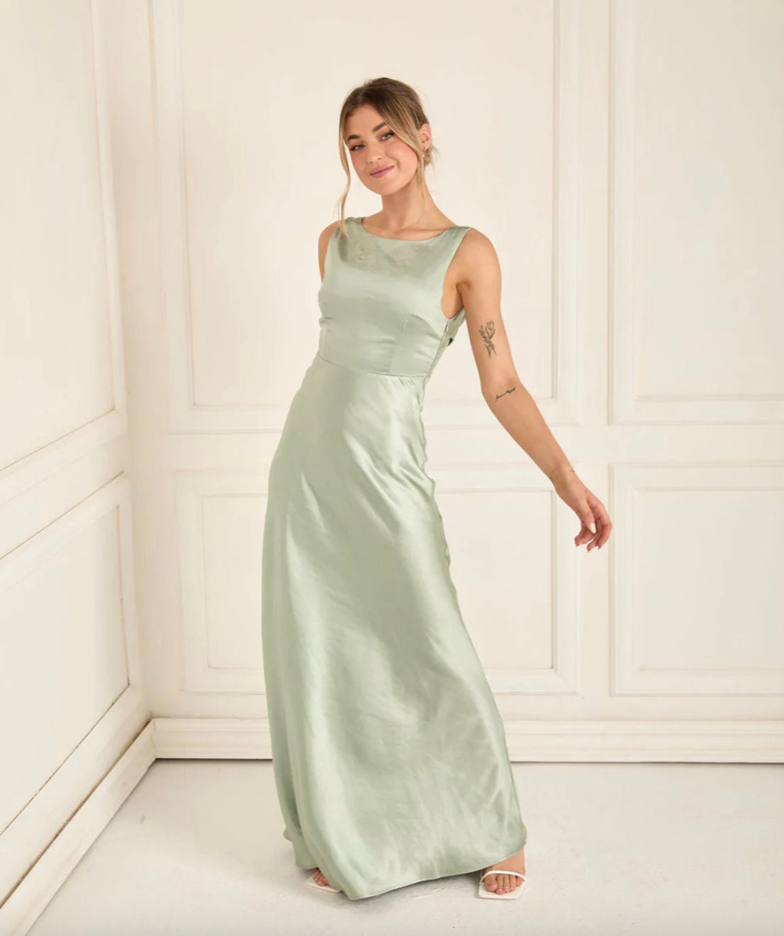 Buy Sage Cowl Back Satin Bridesmaid Dress, Floor Length Bridesmaid  