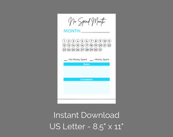 PRINTABLE No Spend Month Tracker - 8.5x11 - Instant Download - PDF