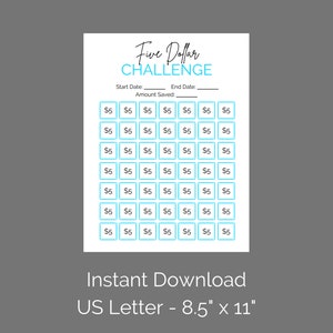 Pode incluir: Modelo imprimível de desafio de cinco dólares com uma grade de 49 quadrados, cada um etiquetado com um $5. O modelo é projetado para papel de tamanho US Letter, 8,5 polegadas por 11 polegadas.