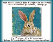 3 Jack Rabbit Bunny Teal Cocktail Beverage Napkins - Collage Decoupage Scrapbook Mixed Media Tissue