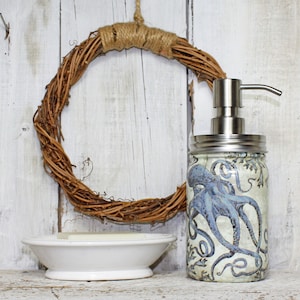 Blue Octopus Coral Gray Gold Nautical Ocean Deep Sea Mason Jar Soap Lotion Dispenser with Stainless or Foaming Pump