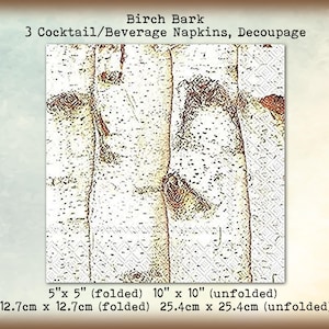 May include: Three white cocktail napkins with a birch bark pattern. The napkins are 5 inches by 5 inches when folded and 10 inches by 10 inches when unfolded.