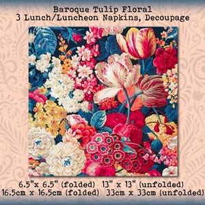 3 Tulip Tulips Floral Baroque Tulips Flowers Blue Background 6.5" Lunch Luncheon Napkins Decoupage Scrapbook Mixed Media Collage Tissue