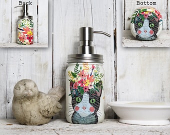Black and White Kitty Cat Kitten With Flower Floral Bouquet Hat Handmade Decoupage Square Mason Jar Soap Lotion Dispenser Stainless Pump