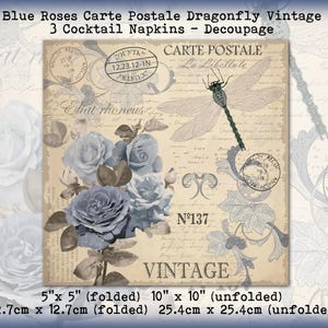 3 Vintage Antique French Carte Postale Blue Rose Roses Dragonfly 5" Cocktail Beverage Napkins Decoupage Tissue