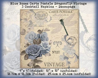 3 Vintage Antique French Carte Postale Blue Rose Roses Dragonfly 5" Cocktail Beverage Napkins Decoupage Tissue